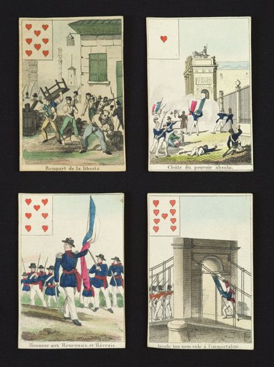 Vier Spielkarten zur Erinnerung an die Helden des Juli 1830, 1831 von French School